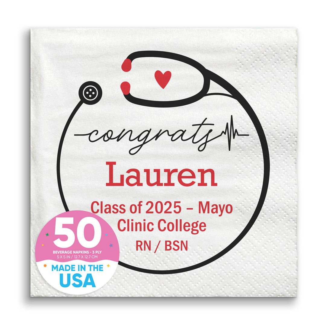 Personalized graduation paper napkin with 'congrats' message, a heart, and the name Lauren. It includes the text 'Class of 2025 - Mayo Clinic College RN / BSN' and features a stethoscope design.