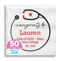 Personalized graduation paper napkin with 'congrats' message, a heart, and the name Lauren. It includes the text 'Class of 2025 - Mayo Clinic College RN / BSN' and features a stethoscope design.