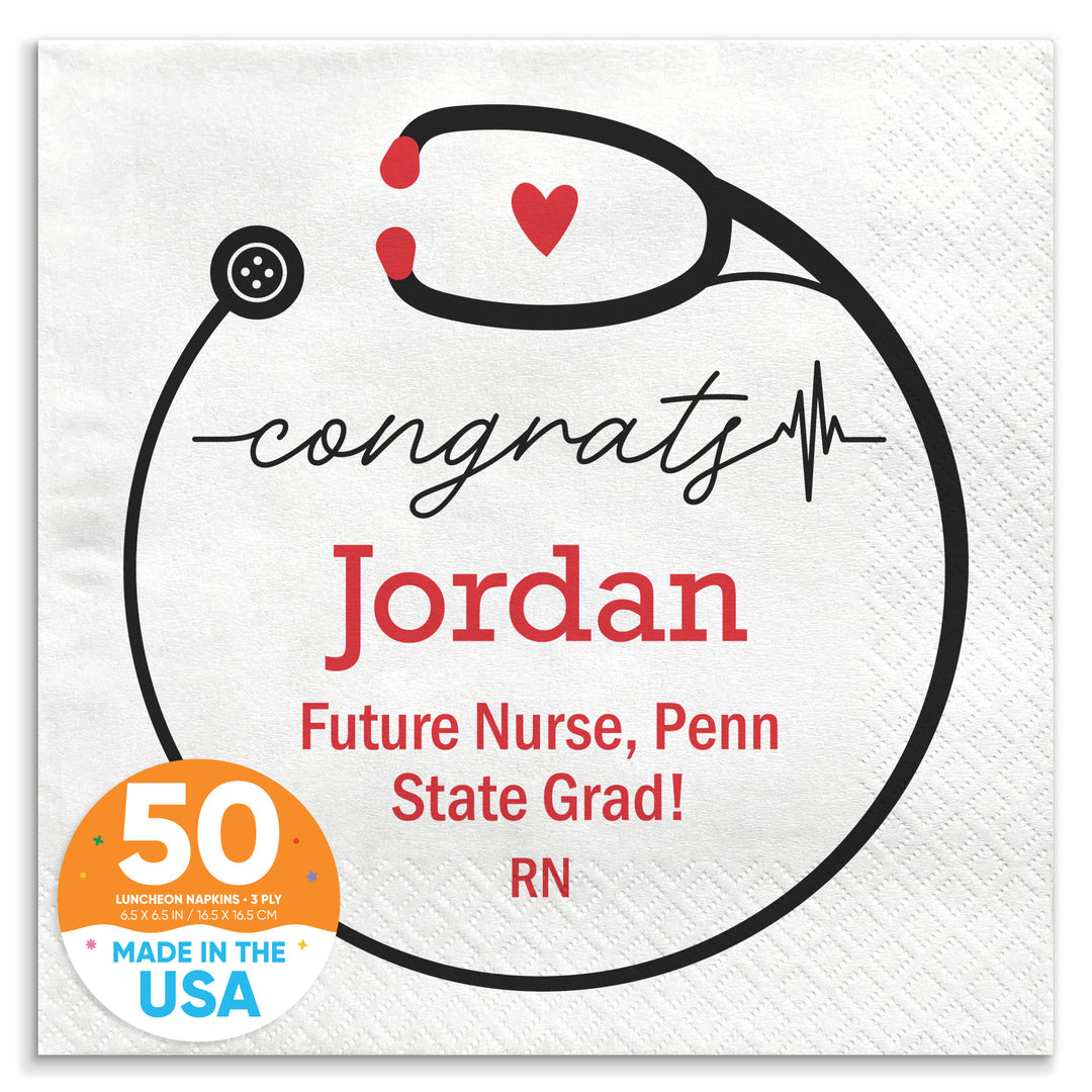 Personalized paper napkin with 'congrats' message, a heart, and the name Lauren. It includes the text 'Class of 2025 - Mayo Clinic College RN / BSN' and features a stethoscope design.