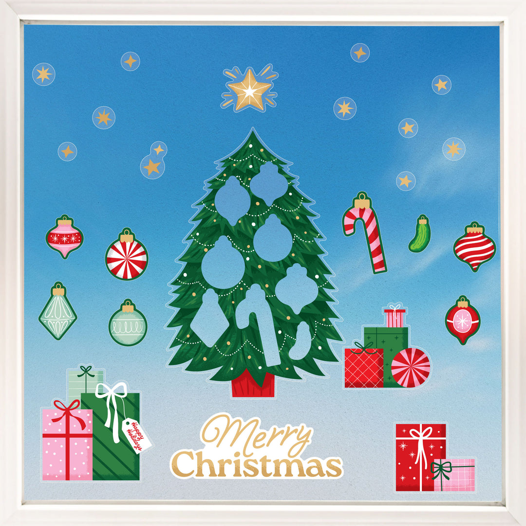 Decorative Christmas-themed window cling set with tree, presents, and ornaments
