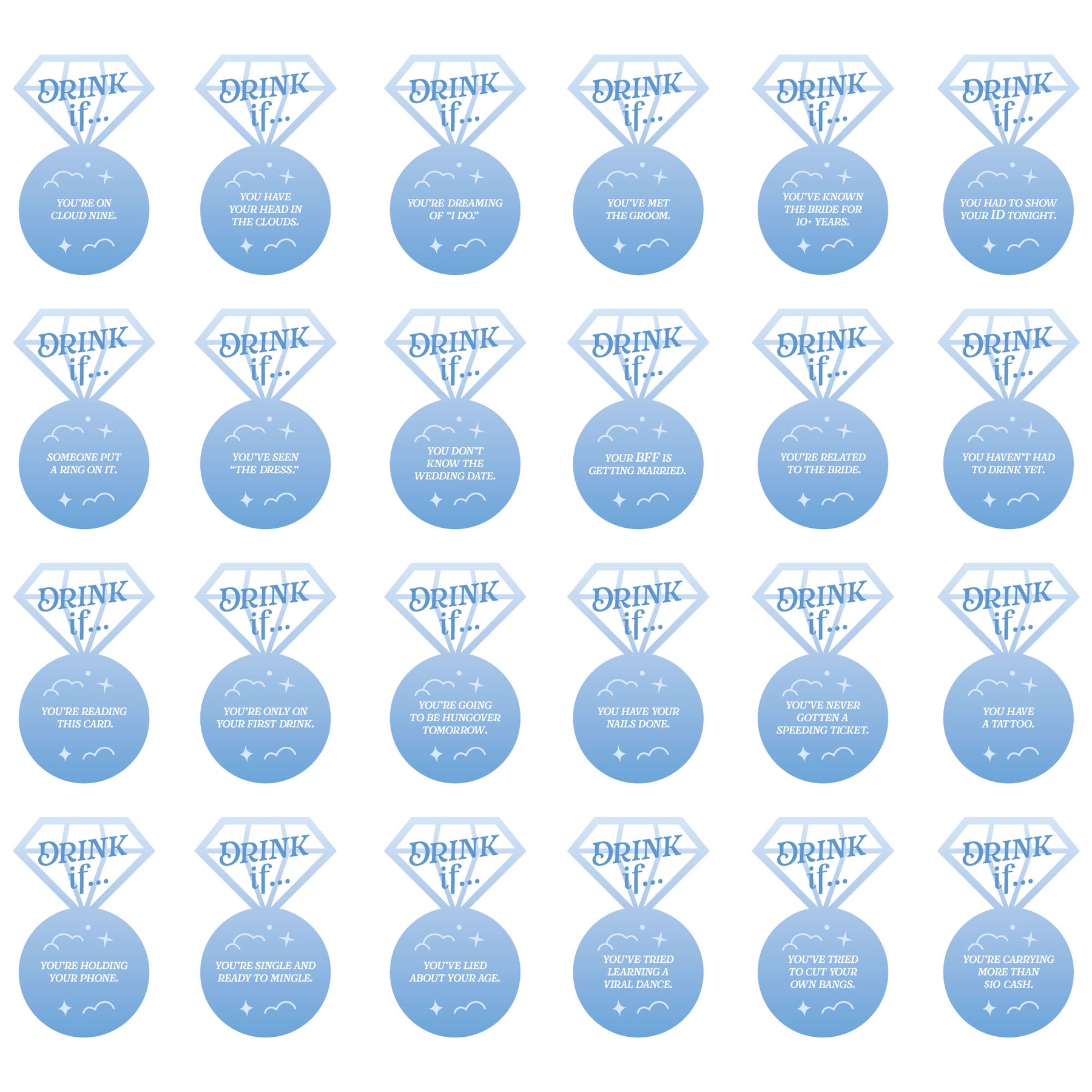 Drink If Game - On Cloud 9 - Bridal or Bachelorette Party Game - 24 Count | BigDotOfHappiness.com – Big Dot of Happiness LLC drink-if-game-on-cloud-9-bridal-or-bachelorette-party-game-24-count-bigdotofhappiness-com-big-dot-of-happiness-llc