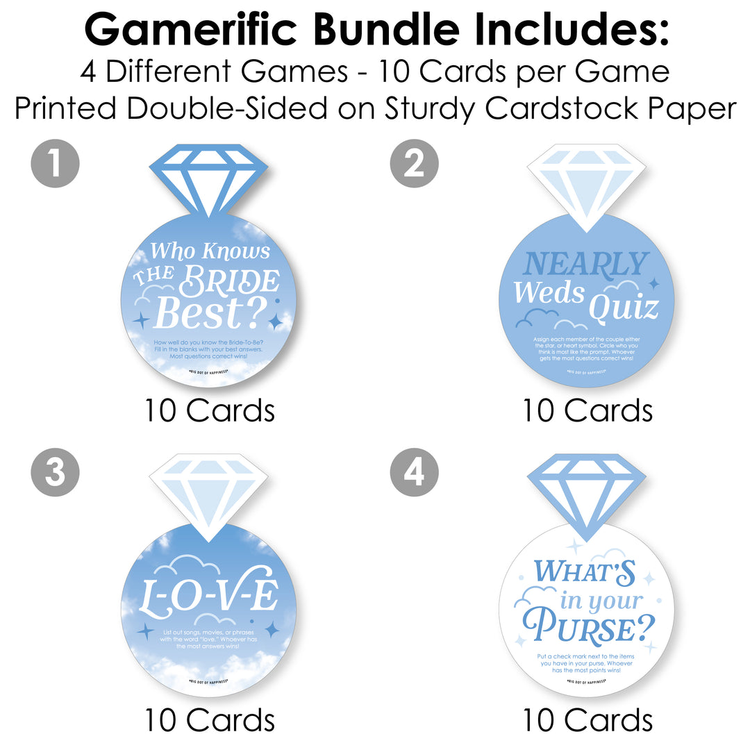 On Cloud 9 - 4 Bridal Shower Games - 10 Cards Each - Who Knows The Bride Best, Bride or Groom Quiz, Whats in Your Purse and Love - Gamerific Bundle