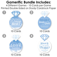 On Cloud 9 - 4 Bridal Shower Games - 10 Cards Each - Who Knows The Bride Best, Bride or Groom Quiz, Whats in Your Purse and Love - Gamerific Bundle