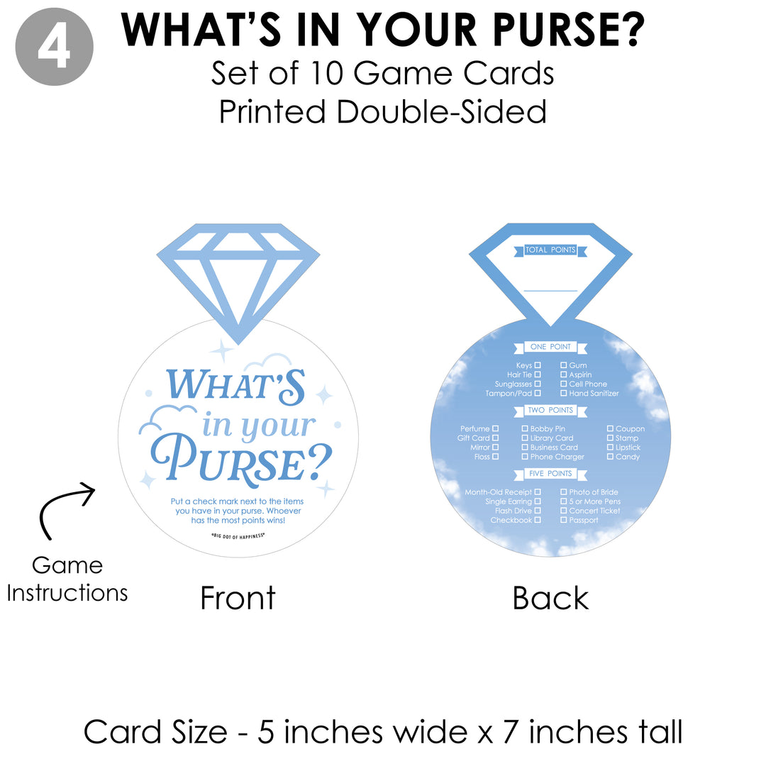 On Cloud 9 - 4 Bridal Shower Games - 10 Cards Each - Who Knows The Bride Best, Bride or Groom Quiz, Whats in Your Purse and Love - Gamerific Bundle