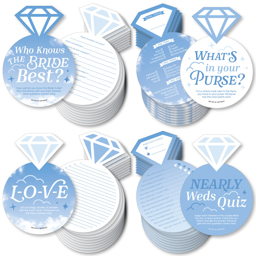 On Cloud 9 - 4 Bridal Shower Games - 10 Cards Each - Who Knows The Bride Best, Bride or Groom Quiz, Whats in Your Purse and Love - Gamerific Bundle