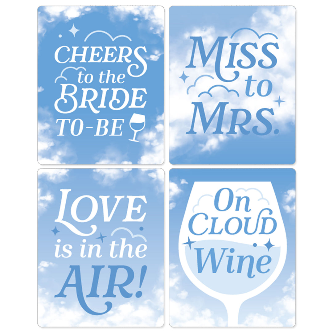 On Cloud 9 - Bridal or Bachelorette Party Decorations for Women and Men - Wine Bottle Label Stickers - Set of 4