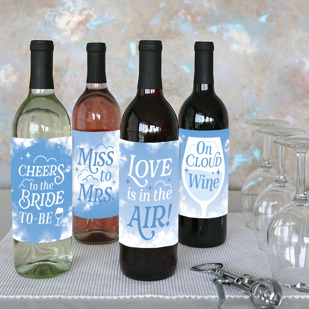 On Cloud 9 - Bridal or Bachelorette Party Decorations for Women and Men - Wine Bottle Label Stickers - Set of 4