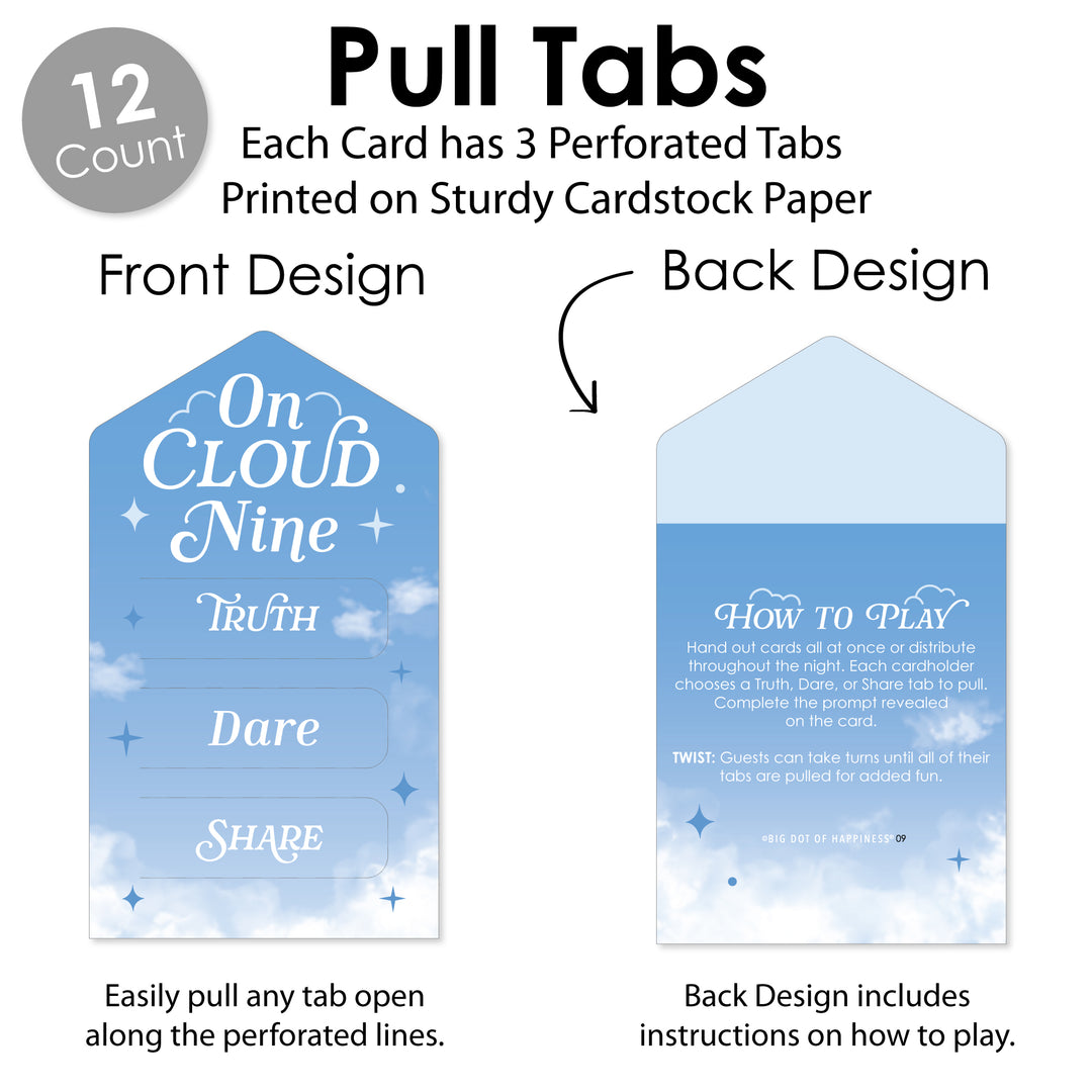 On Cloud 9 - Bridal or Bachelorette Party Game Pickle Cards - Truth, Dare, Share Pull Tabs - Set of 12