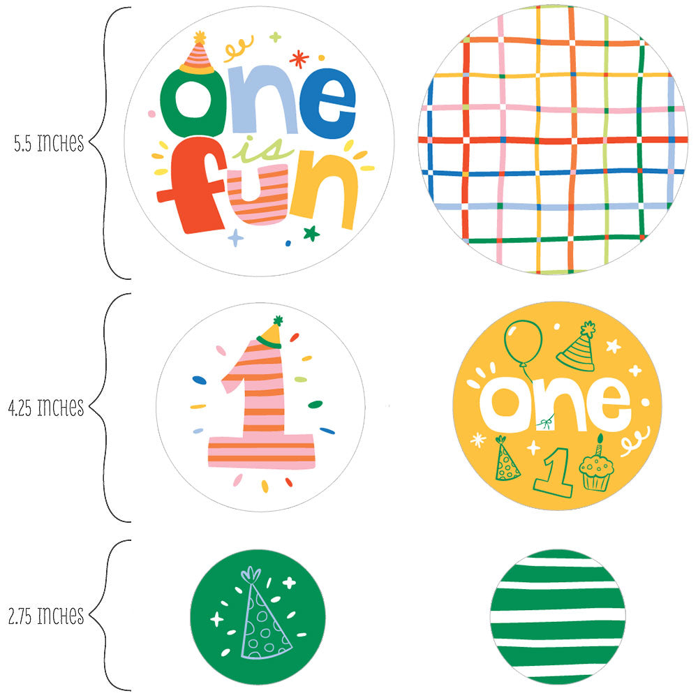 Set of colorful 1st birthday circular confetti with birthday-themed designs and text.