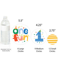 Comparison of confetti sizes relative to a standard water bottle on a white background