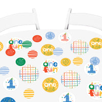 Colorful 'one fun' and number '1' table confetti for first birthday designs on a white background