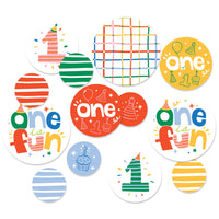 Colorful birthday-themed large confetti with text and designs on a white background