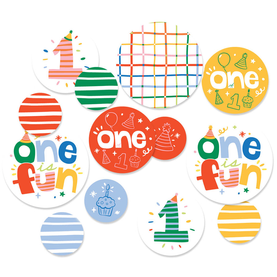 Colorful birthday-themed large confetti with text and designs on a white background