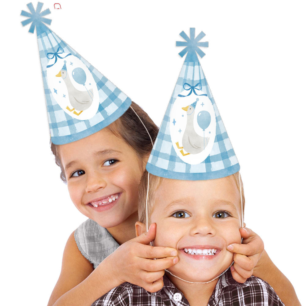 One Silly Goose blue party hats worn during boy’s first birthday celebration