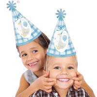 One Silly Goose blue party hats worn during boy’s first birthday celebration