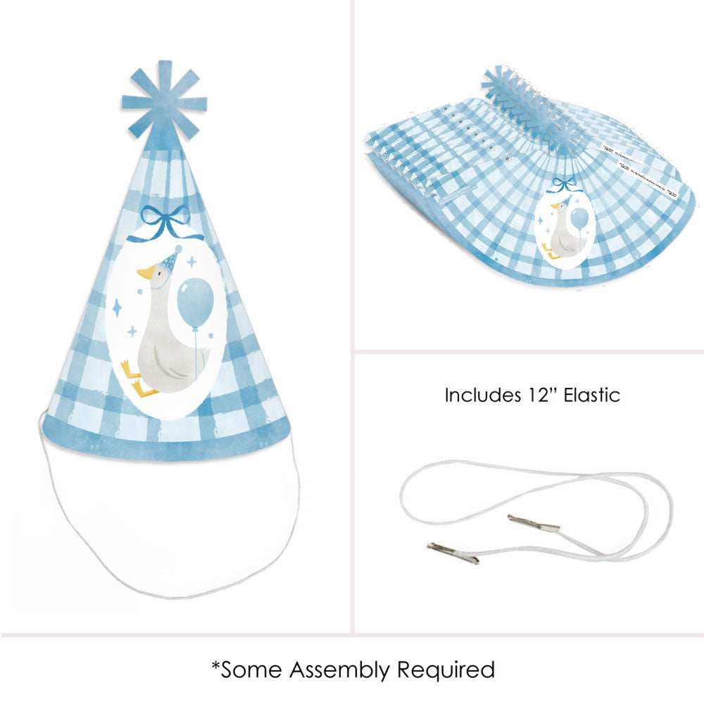 Elastic string attachment on One Silly Goose blue paper party hat