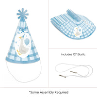 Elastic string attachment on One Silly Goose blue paper party hat