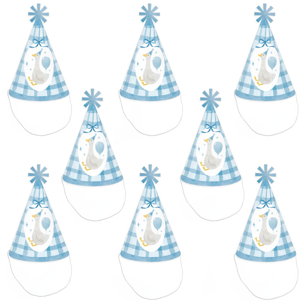 Set of eight One Silly Goose blue cone party hats displayed together