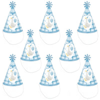 Set of eight One Silly Goose blue cone party hats displayed together