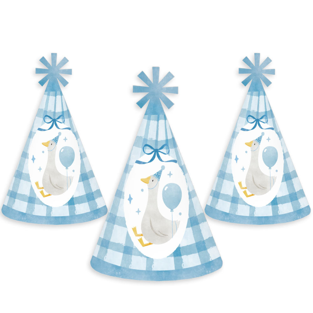 Silly Goose blue goose and gingham design on cone party hat