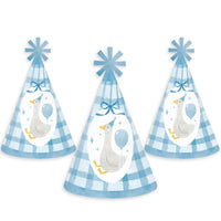 Silly Goose blue goose and gingham design on cone party hat