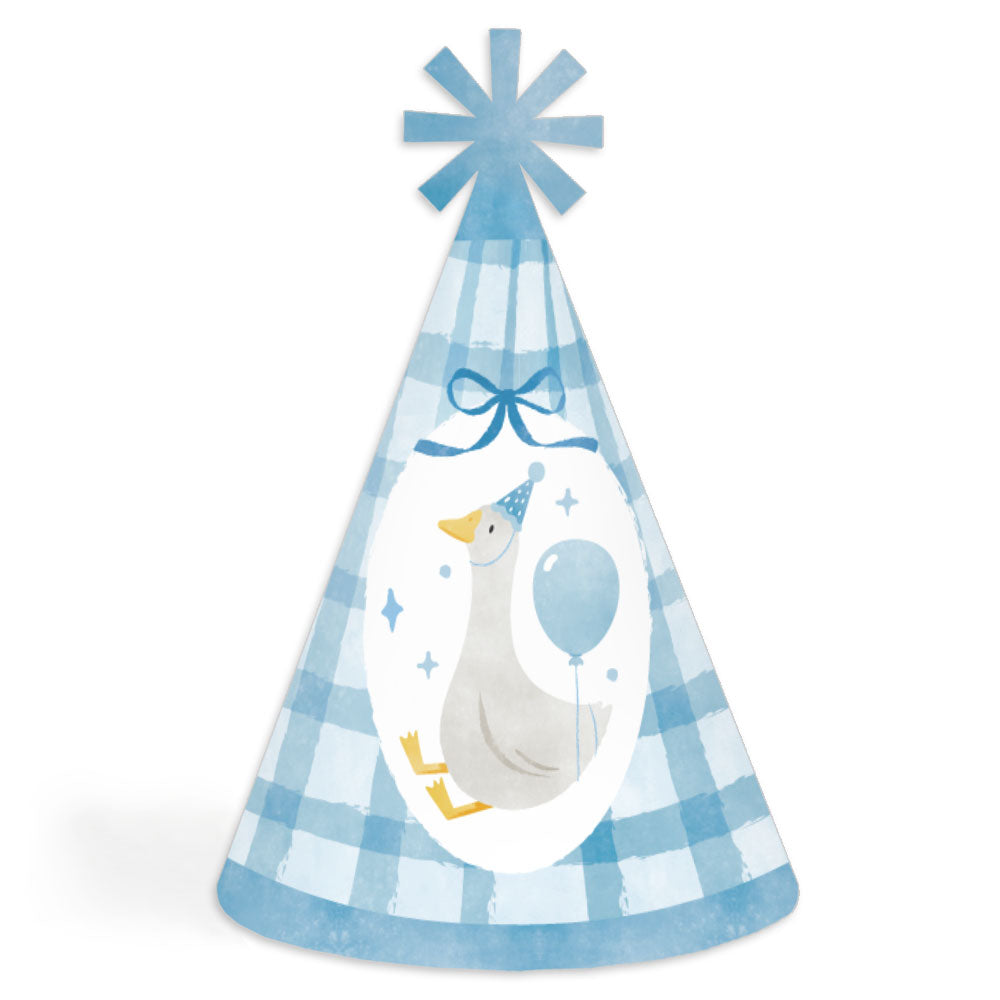 One Silly Goose blue cone party hats set for boy’s first birthday party