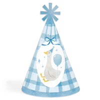 One Silly Goose blue cone party hats set for boy’s first birthday party