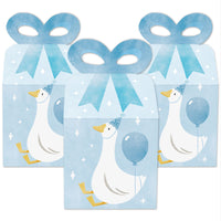 Blue silly goose design on bow-top favor box with vintage-inspired artwork