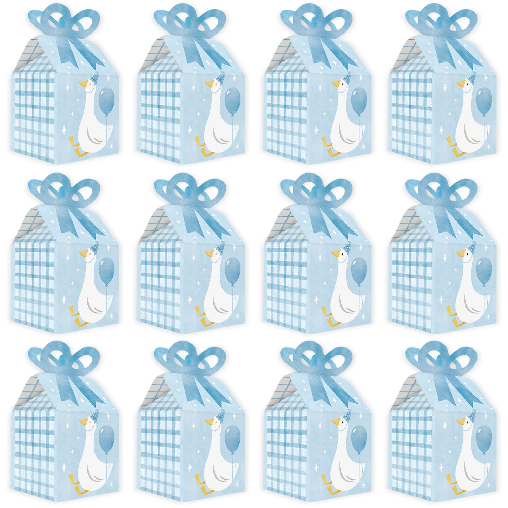 Twelve One Silly Goose blue bow favor boxes shown flat and assembled