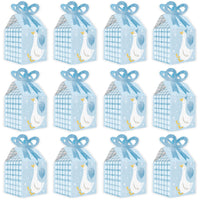 Twelve One Silly Goose blue bow favor boxes shown flat and assembled