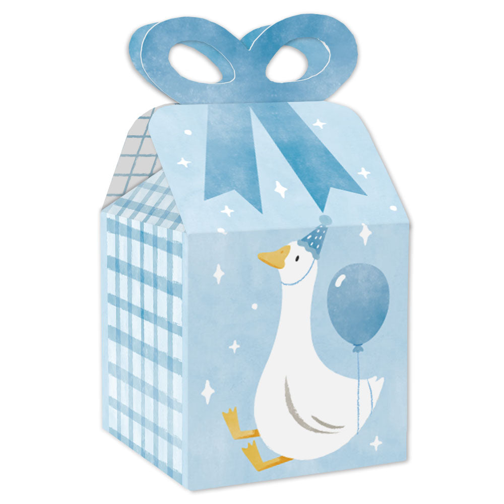 One Silly Goose blue bow favor boxes set of 12 square boxes for boy’s first birthday party