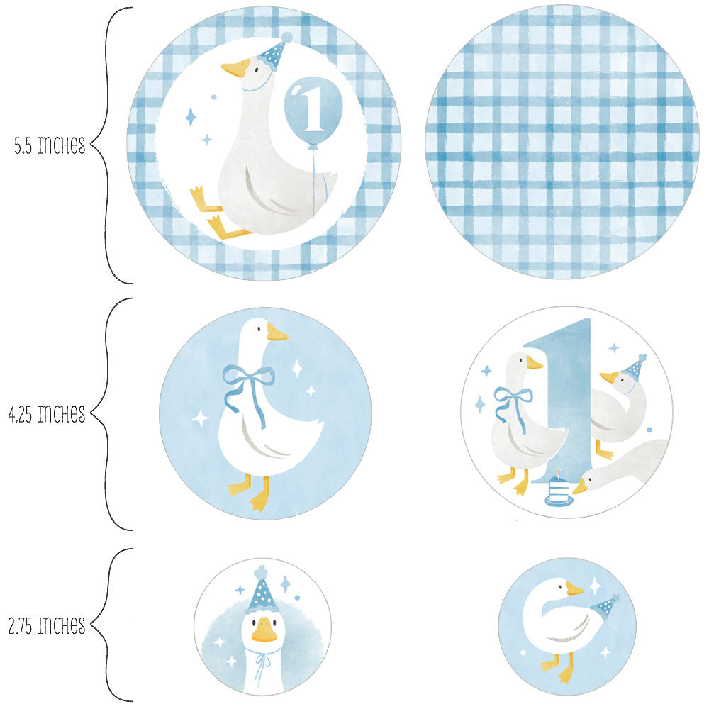 One Silly Goose blue goose and gingham design on oversized confetti circle