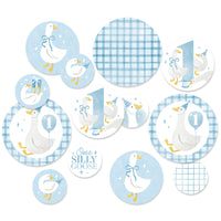 One Silly Goose blue giant circle confetti party decorations for boy’s first birthday