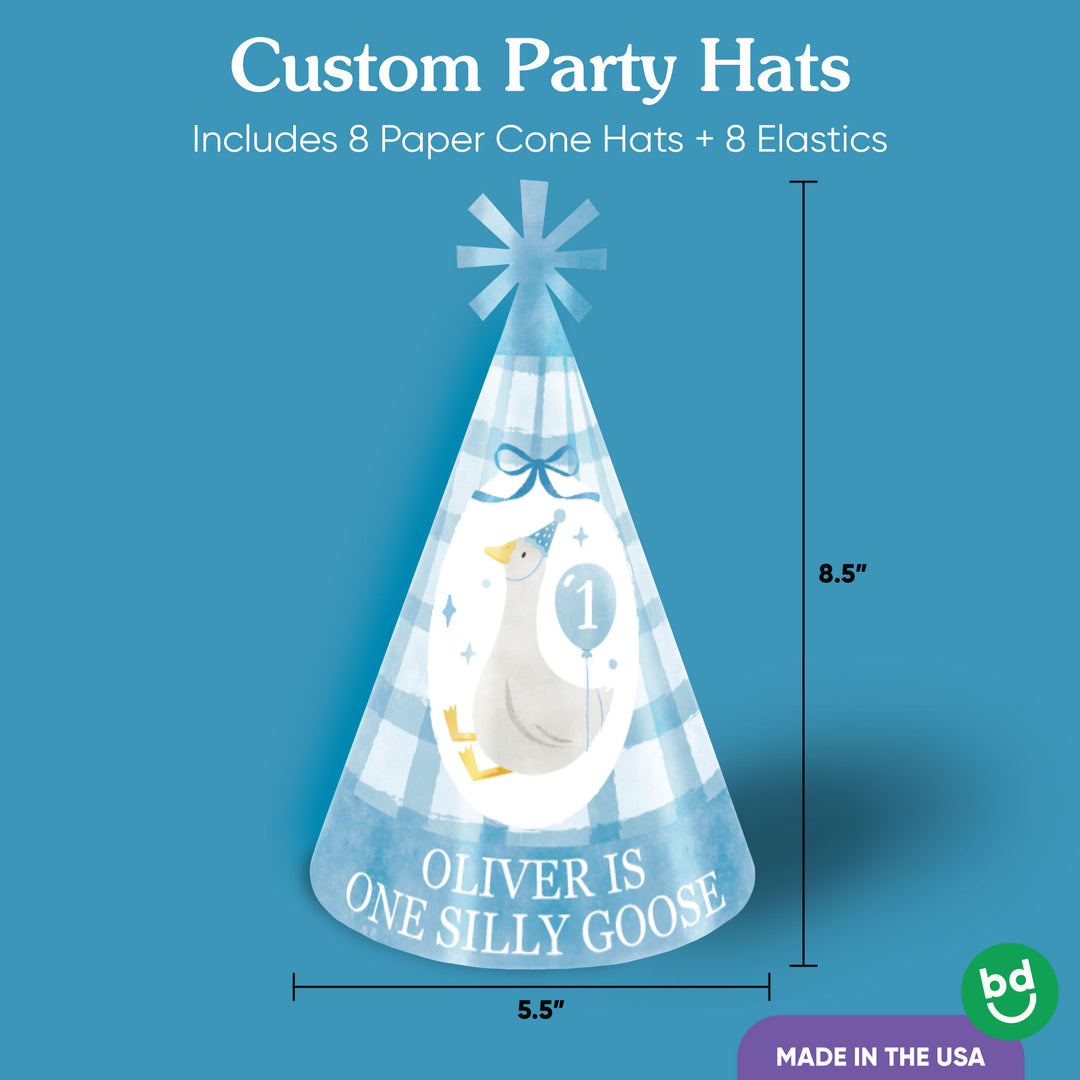 All 8 One Silly Goose blue cone hats included in set
