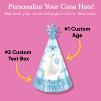 Personalized blue goose design and custom age on party hat