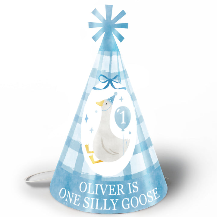 One Silly Goose blue custom cone party hats set of eight