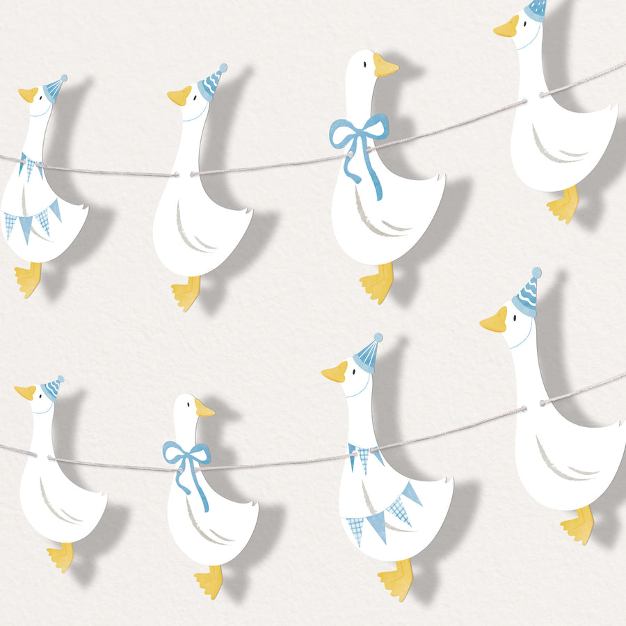 One Silly Goose blue garland banner with goose shapes for boy’s first birthday
