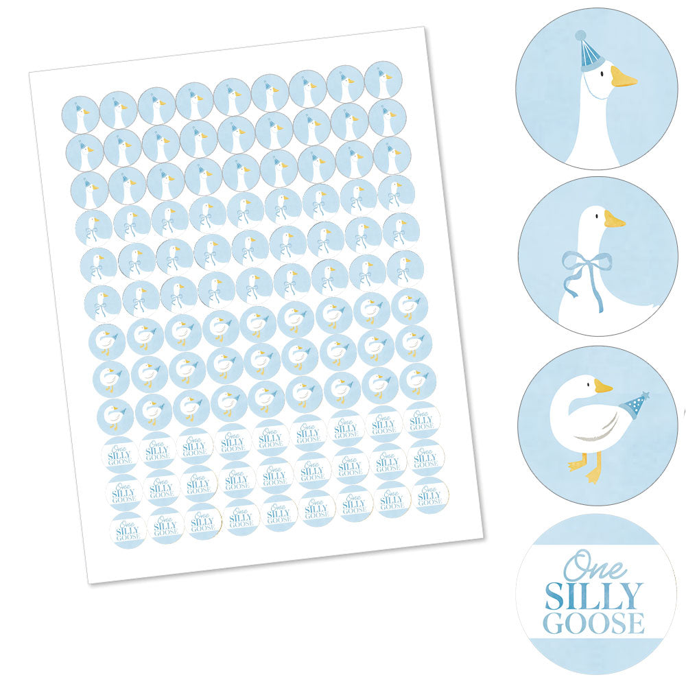 One Silly Goose blue candy stickers showing 1 sheet with 108 labels