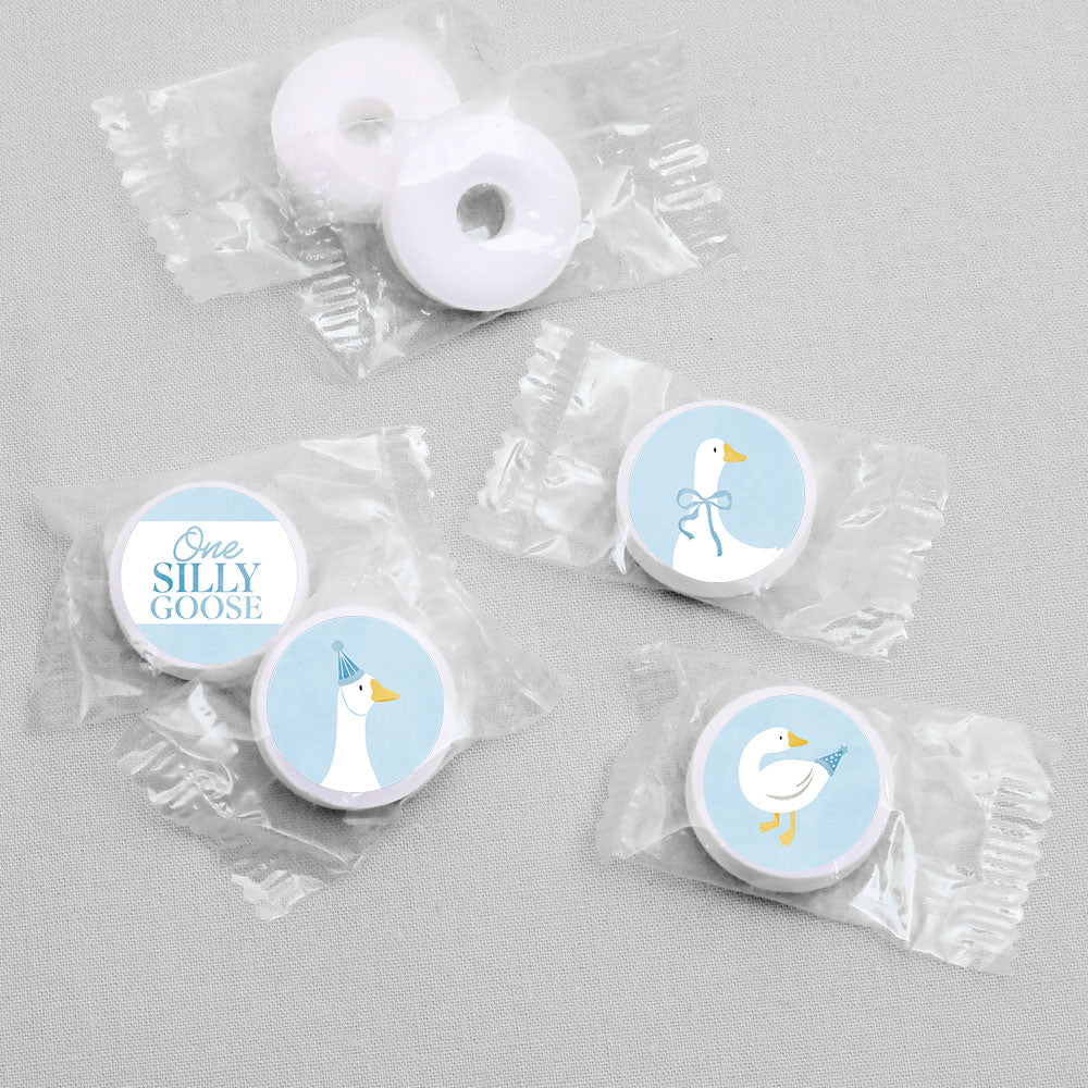 One Silly Goose candy stickers on wrapped treats for boy’s first birthday party