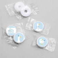 One Silly Goose candy stickers on wrapped treats for boy’s first birthday party