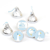 One Silly Goose blue round candy stickers sheet with playful goose designs