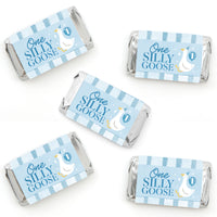 One Silly Goose mini candy bar wrapper stickers set with blue first birthday theme