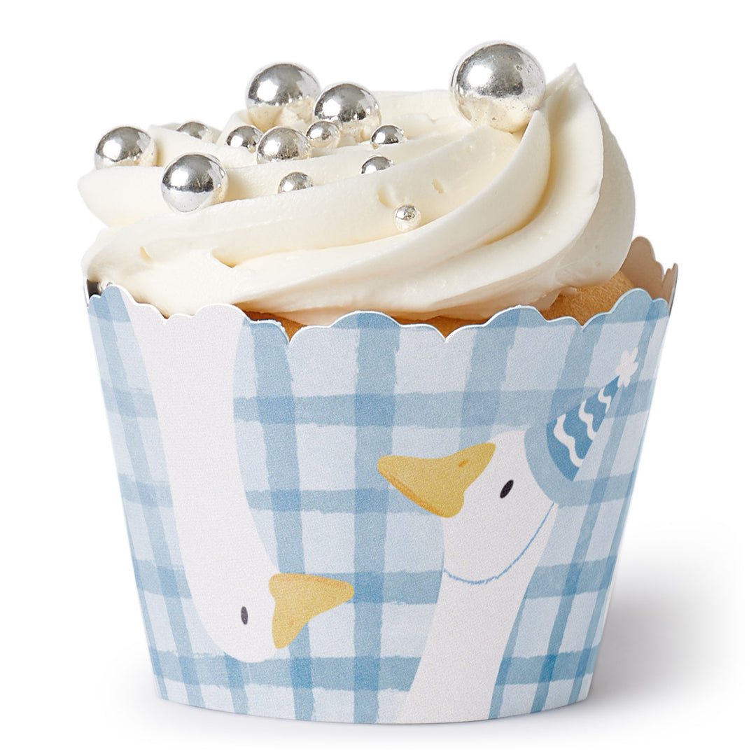 One Silly Goose cupcake wrapper close-up showing blue gingham and goose art