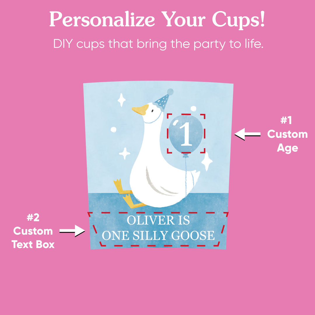 One Silly Goose blue custom party cups with personalized stickers