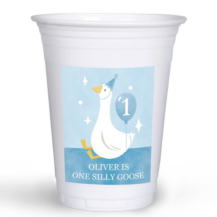 One Silly Goose blue custom party cups with personalized stickers