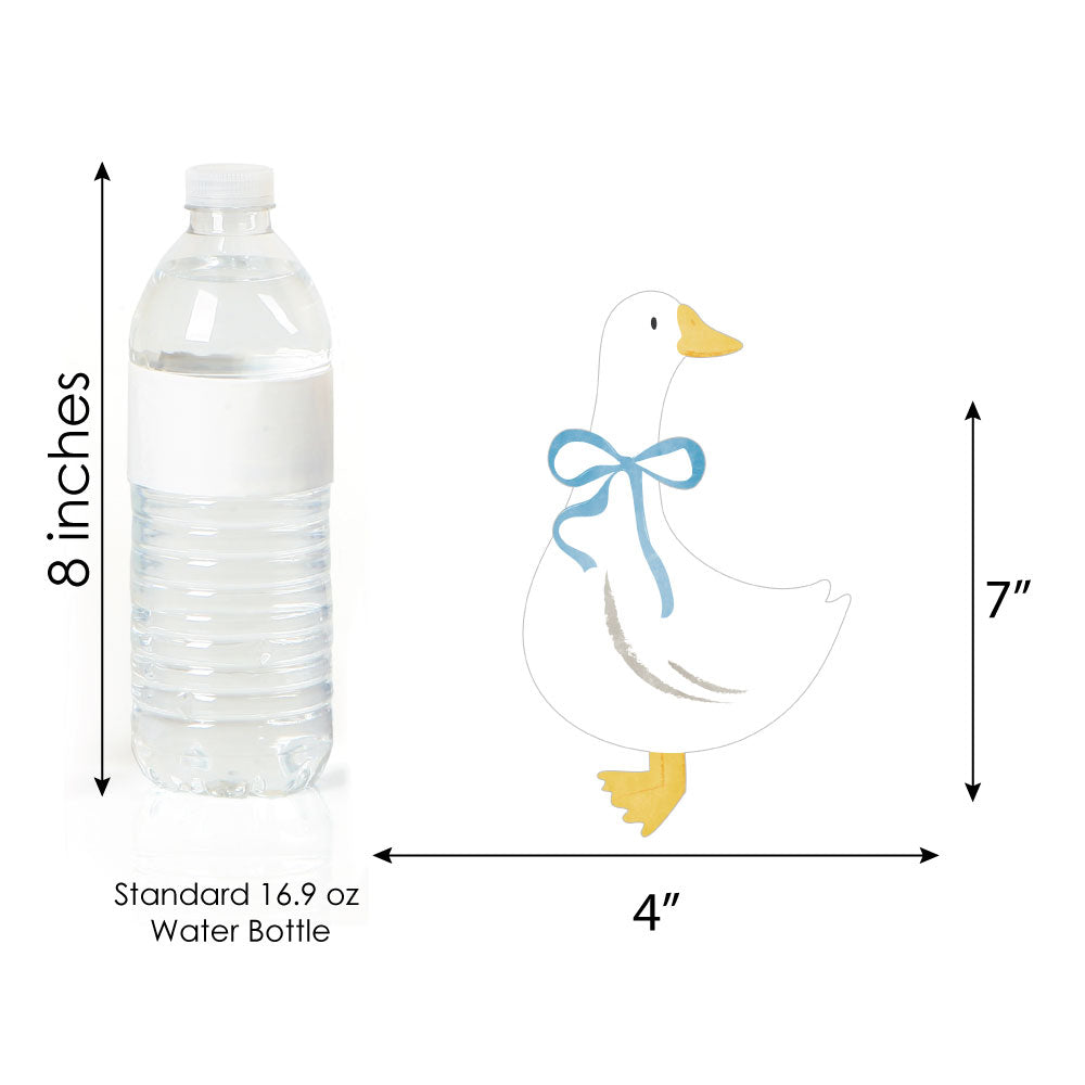 Measurement chart comparing a standard water bottle to a decorative goose figure with a blue bow.