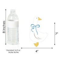Measurement chart comparing a standard water bottle to a decorative goose figure with a blue bow.