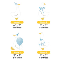 Illustrations of four different shapes with dimensions and quantities indicated.