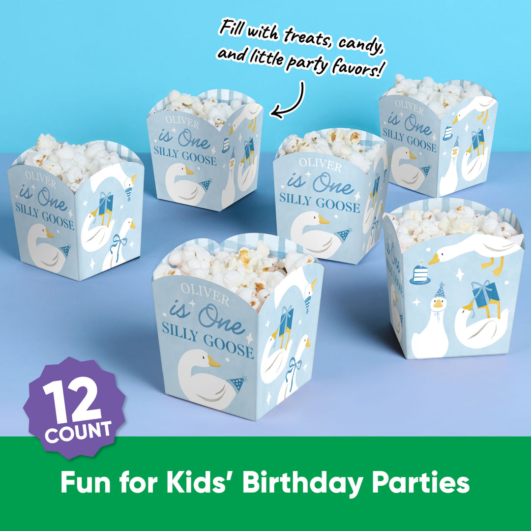 Custom Text One Silly Goose Blue Treat Boxes - 12 Ct