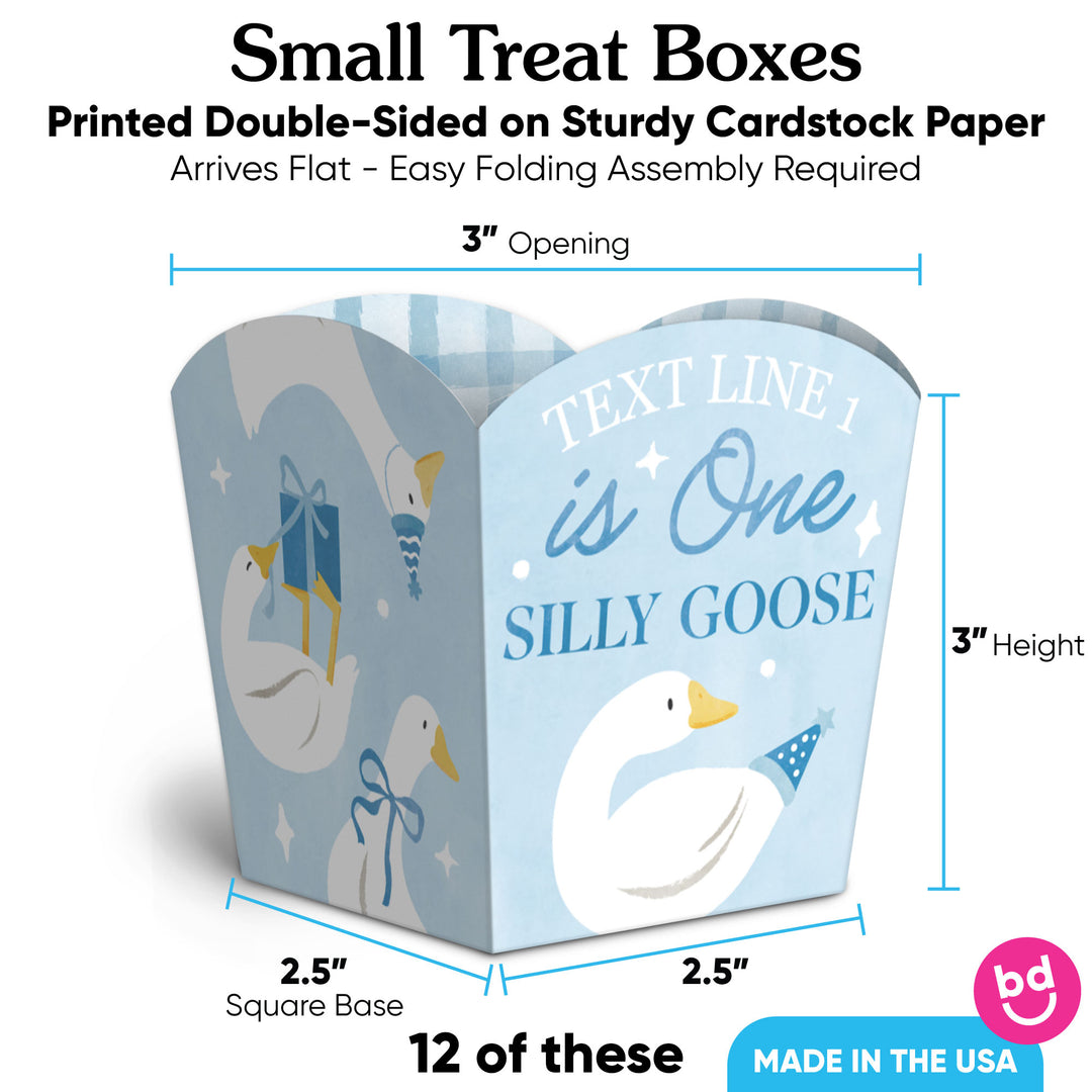 Custom Text One Silly Goose Blue Treat Boxes - 12 Ct